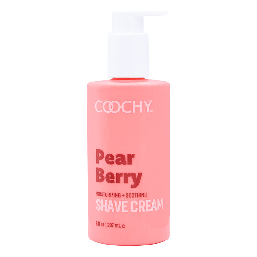 Coochy Shave Cream Pear Berry 8 Oz in a moisturizing bottle with a pump for a smooth shave.