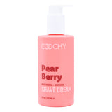 Coochy Shave Cream Pear Berry 8 Oz in a moisturizing bottle with a pump for a smooth shave.