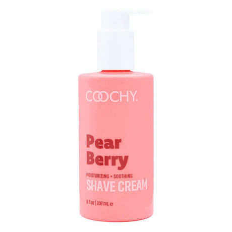 Coochy Shave Cream Pear Berry 8 Oz in a moisturizing bottle with a pump for a smooth shave.