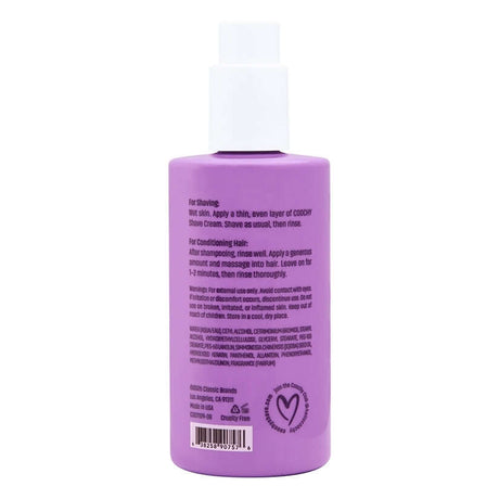 Coochy Shave Cream Flirty Blooms 8 Oz instructions for shaving and conditioning hair on purple bottle.