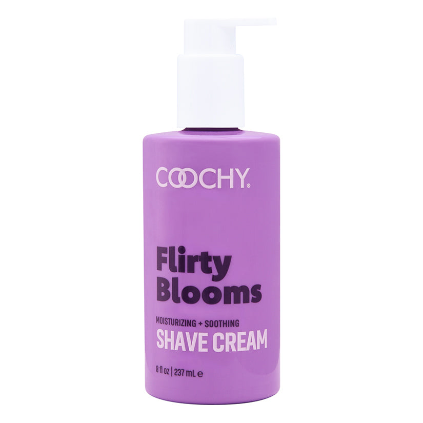 Coochy Shave Cream Flirty Blooms 8 Oz bottle, moisturizing, soothing shave cream for a rash-free grooming experience.