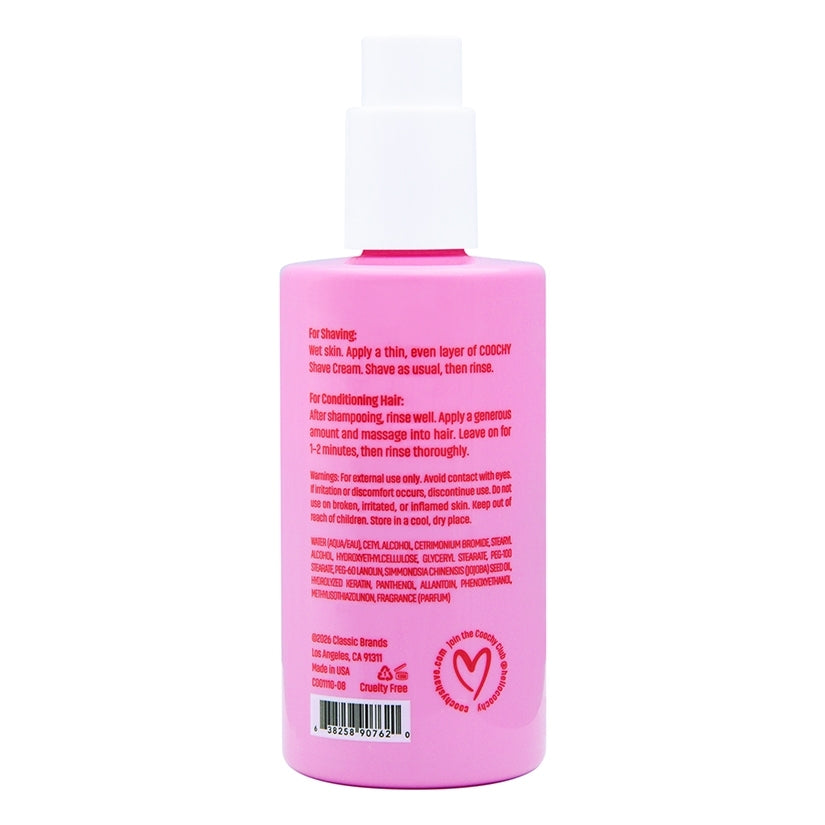 Coochy Shave Cream Berry Bliss 8 Oz bottle with instructions for shaving and hair conditioning.