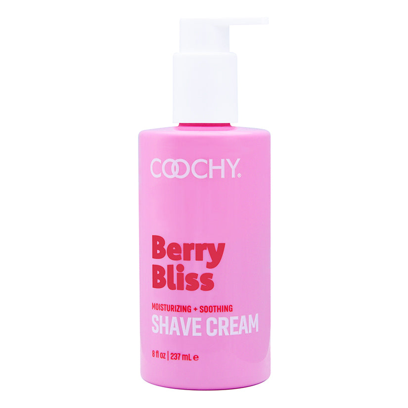 Coochy Shave Cream Berry Bliss 8 Oz bottle featuring a moisturizing and soothing formula for a smooth shave.