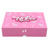 Box packaging for Tracys Dog Hi Pee Remote Control Vibrator featuring pink design and gender symbols.