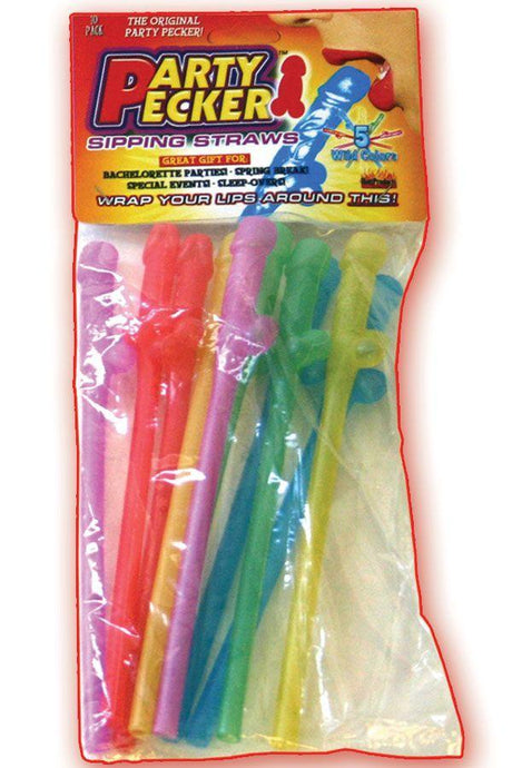 Party Pecker Sipping Straws 10 Pack Assorted Colors in bright neon shades for fun party use.