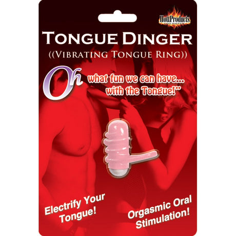 Tongue Dinger Vibrating Tongue Ring Magenta packaging showcasing its playful design and vibrant claims for oral enjoyment.