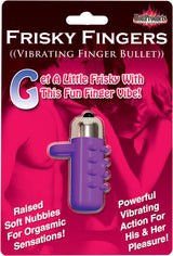 Frisky Fingers Silicone Sleeve Purple detailed packaging showcasing a vibrating finger bullet for enhanced pleasure.