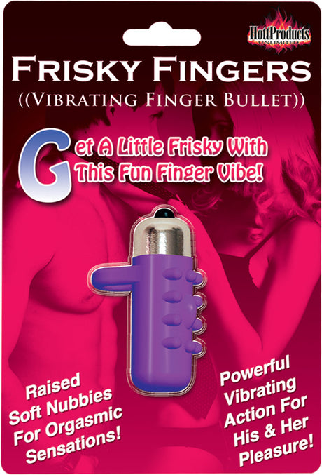 Frisky Fingers Silicone Sleeve Purple detailed packaging showcasing a vibrating finger bullet for enhanced pleasure.
