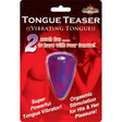 Hott Products Tongue Teaser Silicone Oral Vibrator Purple packaging featuring a vibrant tongue-shaped vibrator.