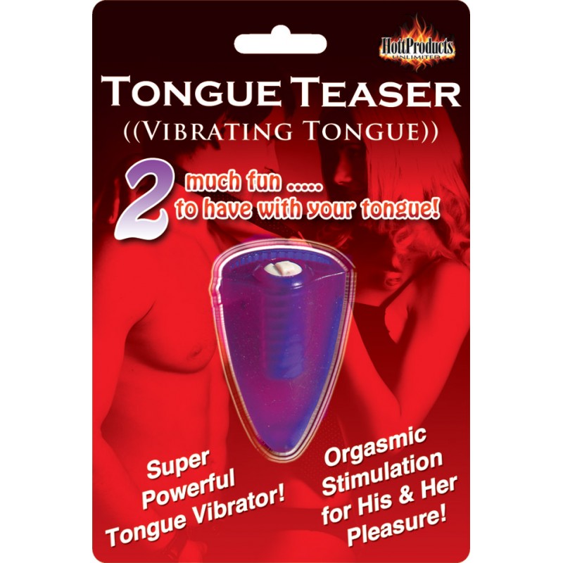Hott Products Tongue Teaser Silicone Oral Vibrator Purple packaging featuring a vibrant tongue-shaped vibrator.