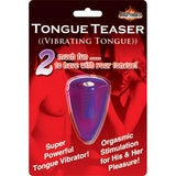 Hott Products Tongue Teaser Silicone Oral Vibrator Purple packaging featuring a vibrant tongue-shaped vibrator.