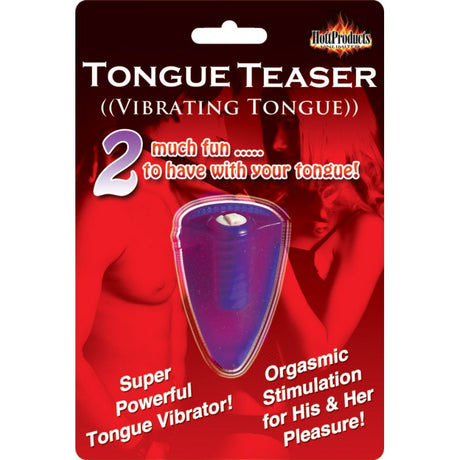 Hott Products Tongue Teaser Silicone Oral Vibrator Purple packaging featuring a vibrant tongue-shaped vibrator.