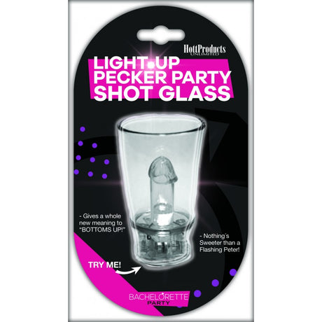 Light Up Pecker Party Shot Glass in packaging with fun design for bachelorette parties, featuring a cheeky plastic penis.