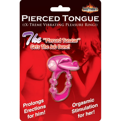 Xtreme Vibe Pierced Tongue Vibrating Cock Ring Magenta packaging showcasing the product's features and benefits.