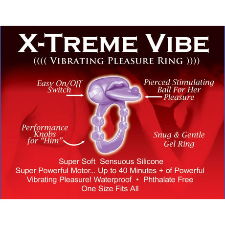Xtreme Vibe Pierced Tongue Vibrating Cock Ring Magenta with features like easy on/off switch and piercings for stimulation.