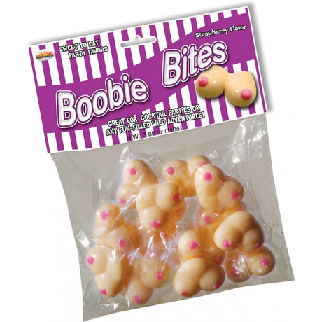 Boobie Bites Strawberry Flavored Candy Chews pack showcasing breast-shaped candies for fun parties.