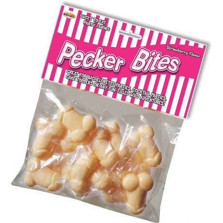 Pecker Bites Strawberry Flavored Candy 16 Pack in playful packaging with pecker-shaped candies.
