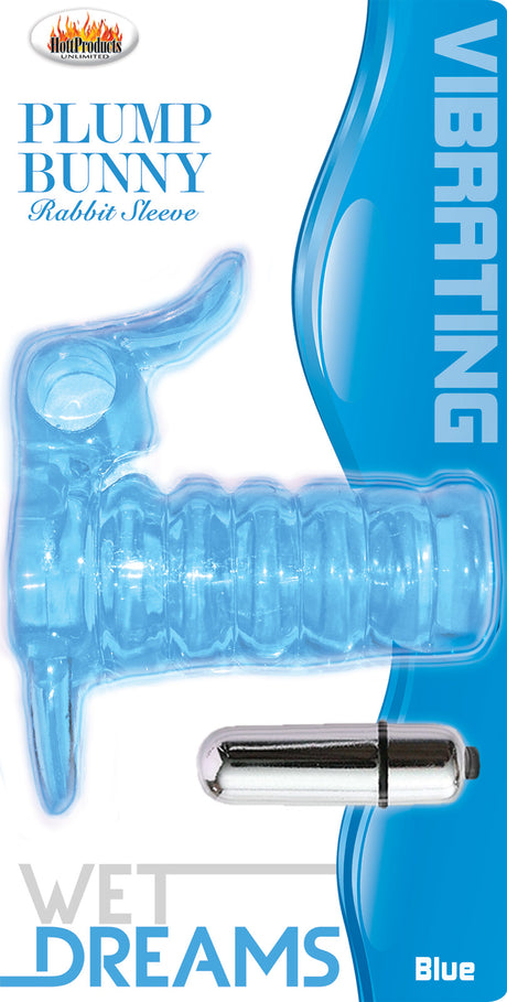 Wet Dreams Plump Bunny Vibrating Penis Sleeve Blue featuring ribbed texture and clitoral stimulation.