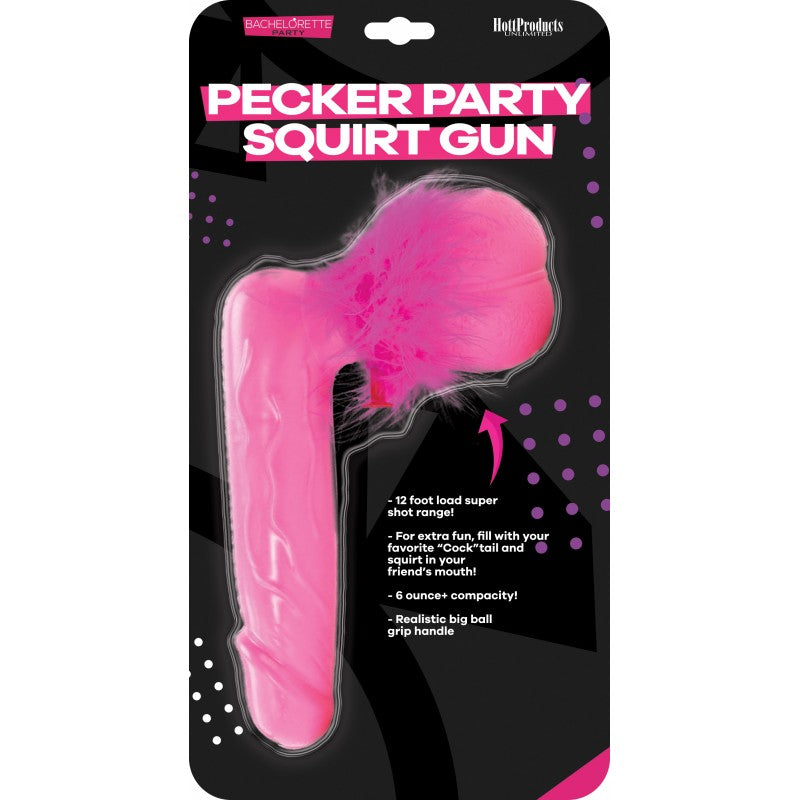 Pink Pecker Party Squirt Gun Bachelorette Novelty packaging with details about range and features.