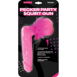 Pink Pecker Party Squirt Gun Bachelorette Novelty packaging with details about range and features.
