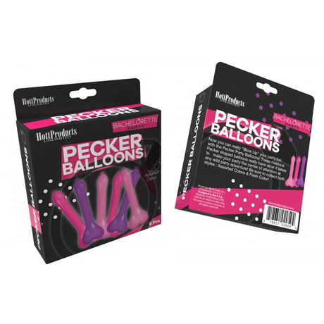 Bachelorette Pecker Balloons Assorted Colors 6 Pack packaging featuring fun balloons for bachelorette celebrations.