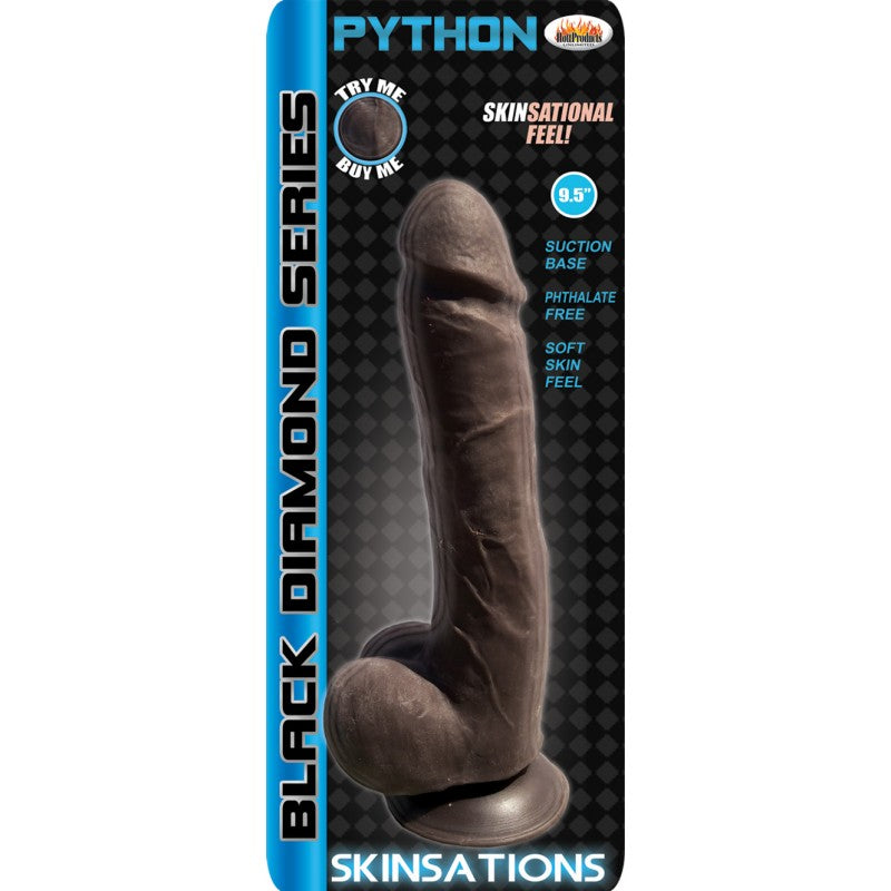Skinsations Python 9.5 inches Black Diamond Series realistic dildo showcasing suction base and soft skin feel.