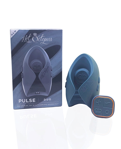 Hot Octopuss Pulse Duo Couples Massager Blue packaging and product design displayed in an elegant setting.