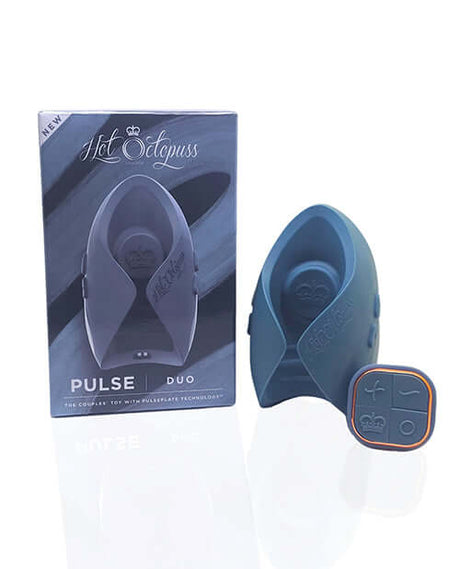 Hot Octopuss Pulse Duo Couples Massager Blue packaging and product design displayed in an elegant setting.