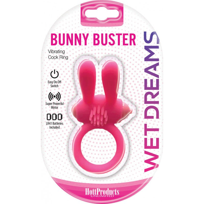 Wet Dreams Bunny Buster Vibrating Cock Ring packaging showing bunny design and features for couples' pleasure.