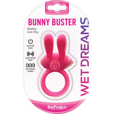 Wet Dreams Bunny Buster Vibrating Cock Ring packaging showing bunny design and features for couples' pleasure.