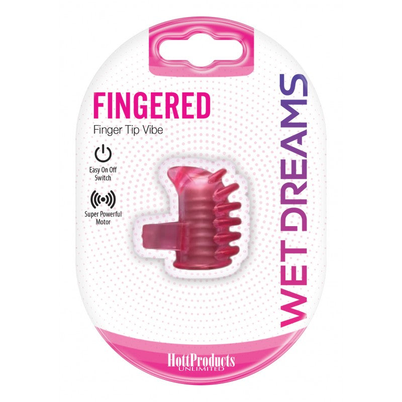 Wet Dreams Fingered Finger Pleasure Vibe packaging featuring a compact finger vibe with easy on/off switch.