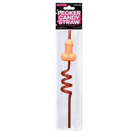 Pecker Candy Straw Strawberry Flavored Lollipop with reusable swizzle straw and cheeky design.
