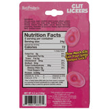 Clit Lickers Vagina Shaped Gummies nutrition facts on bright pink packaging with playful tongue-in-cheek design.