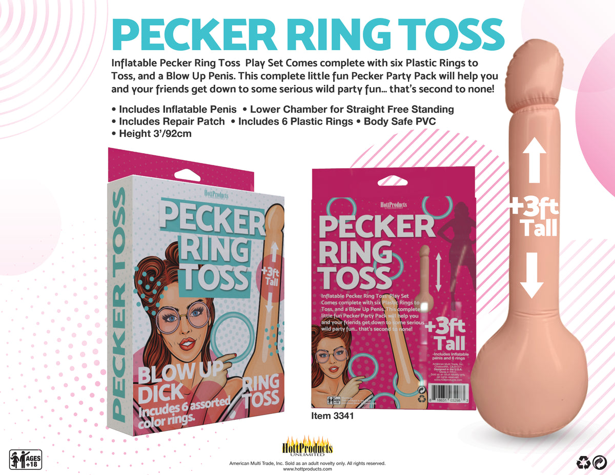 Hott Products Inflatable Pecker Ring Toss Game package featuring inflatable penis and fun party details.