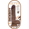 Dickboy Skins 8 Inch Suction Cup Dildo Caramel packaging featuring a realistic dildo with balls.