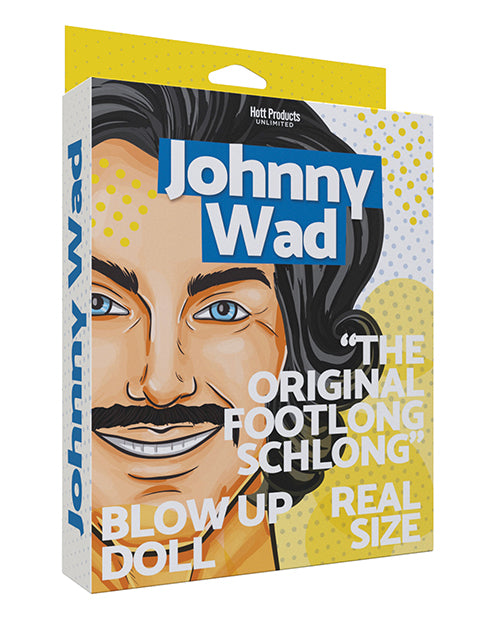 Johnny Wad Blow Up Doll with Large Penis packaging featuring colorful design and humorous illustrations.