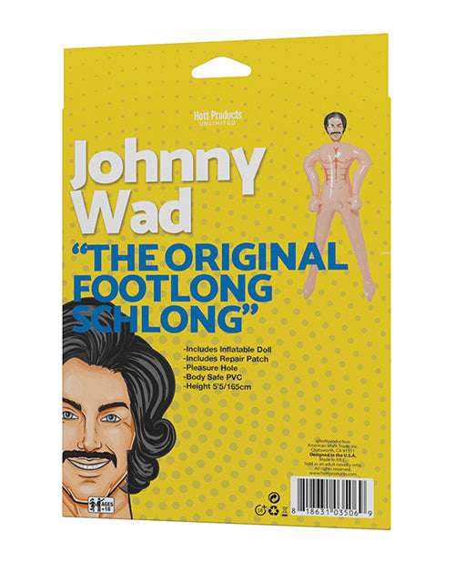 Johnny Wad Blow Up Doll with Large Penis packaging featuring essential details and dimensions.