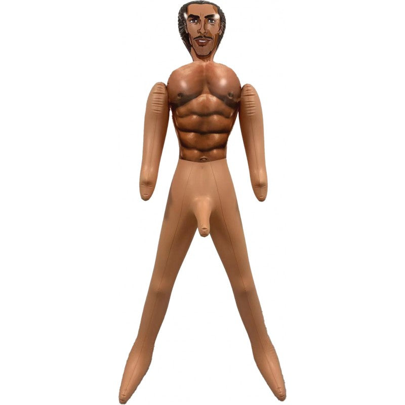 Hott Products Hunky Homeboy Blow Up Male Love Doll standing upright with defined muscles and playful demeanor.