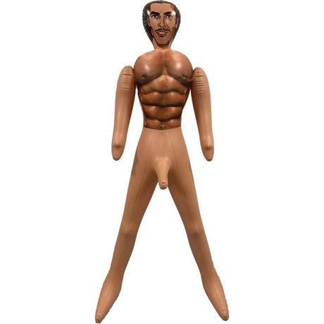 Hott Products Hunky Homeboy Blow Up Male Love Doll standing upright with defined muscles and playful demeanor.