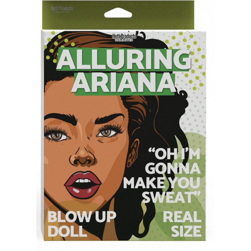 Hott Products Alluring Ariana Blow Up Doll Caramel package featuring bold graphics and playful text.