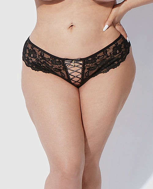 Bella Lace Up Tanga Panty Jewel Detail Black 3X 4X in stretch lace with crisscross design and scalloped back