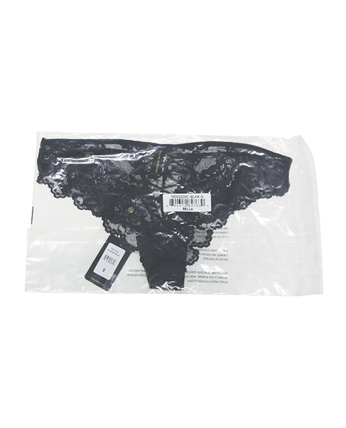 Bella Lace Up Tanga Panty Jewel Detail Black 3X 4X in packaging showcasing lace design
