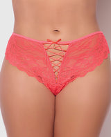 Bella Lace Up Tanga Panty with Jewel Detail Coral featuring crisscross lace-up design and scalloped lace back.