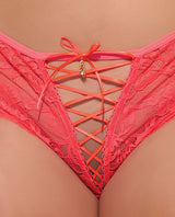 Close-up of Bella Lace Up Tanga Panty with Jewel Detail Coral featuring crisscross lace and scalloped details.