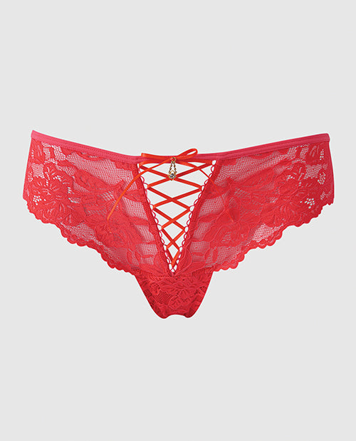 Bella Lace Up Tanga Panty with Jewel Detail Coral featuring lace-up design and scalloped back.