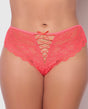 Bella Lace Up Tanga Panty with Jewel Detail Coral 3X 4X featuring a lace-up front and scalloped lace back in coral.