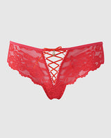 Bella Lace Up Tanga Panty Jewel Detail Coral XL features lace and crisscross detailing with jewel accent.