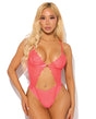 Eden Scalloped Lace High Cut Teddy Coral 1X 2X featuring seductive lace and mesh design with keyhole cutouts.