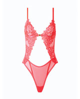 Eden Scalloped Lace High Cut Teddy Coral 1X 2X featuring lace and mesh design with bold cutouts and V-neckline.