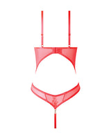 Eden Scalloped Lace High Cut Teddy Coral 1X 2X showcasing a bold red lace design with mesh and alluring cutouts.